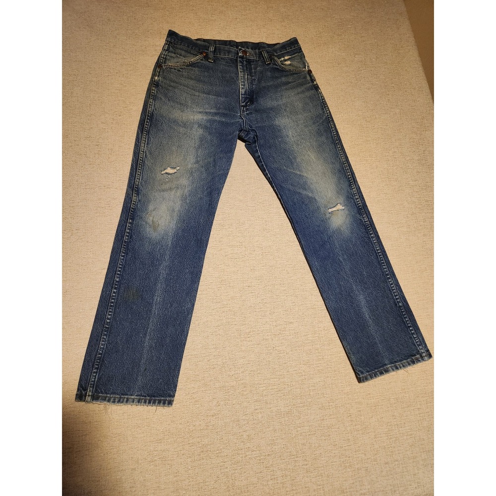 Wrangler Jeans Mens 32x29 Blue Vintage Distressed Straight Leg Denim USA Made